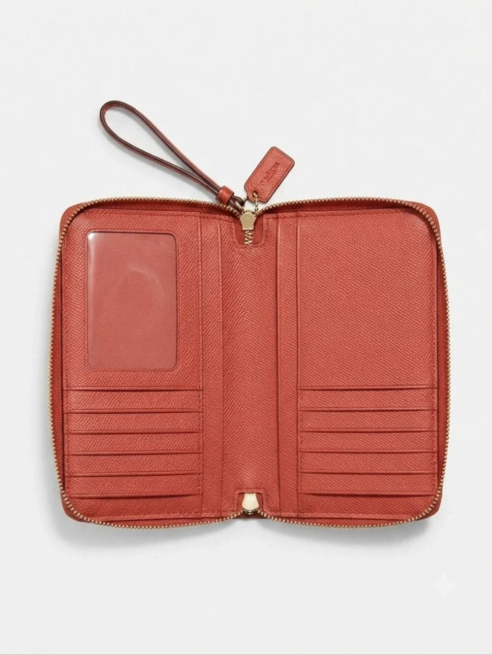 Coach Red Pebbled Leather Wristlet Wallet Zip Around Clutch Card Holder